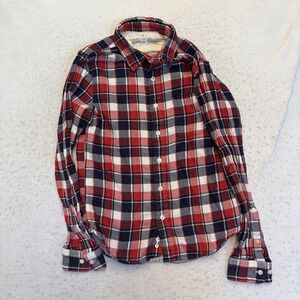 MUJI Flannel Button Down Shirt Mens Size S Red Plaid Long Sleeve Cotton